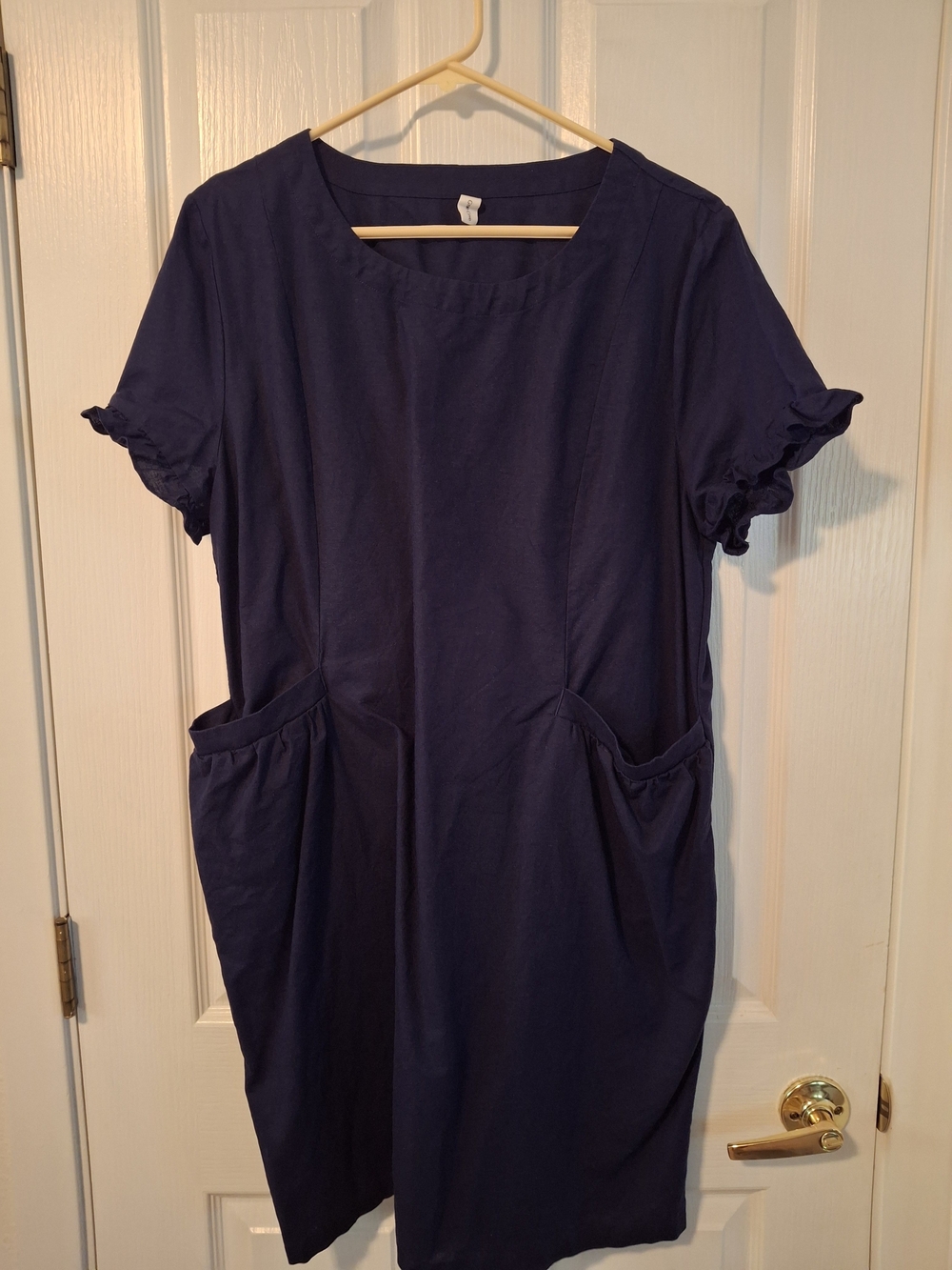 Navy 100% Linen Dress with Ruffle Sleeves and Patch Pockets
